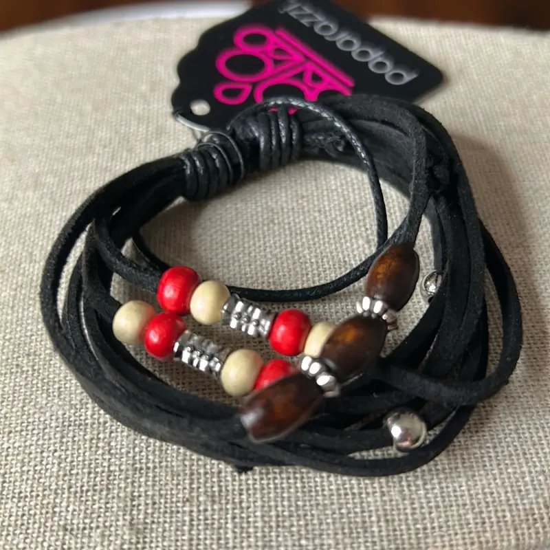 Popozazi Black Leather Beaded Bracelet Set with Red Yellow and Brown Beads for Stylish Accessory