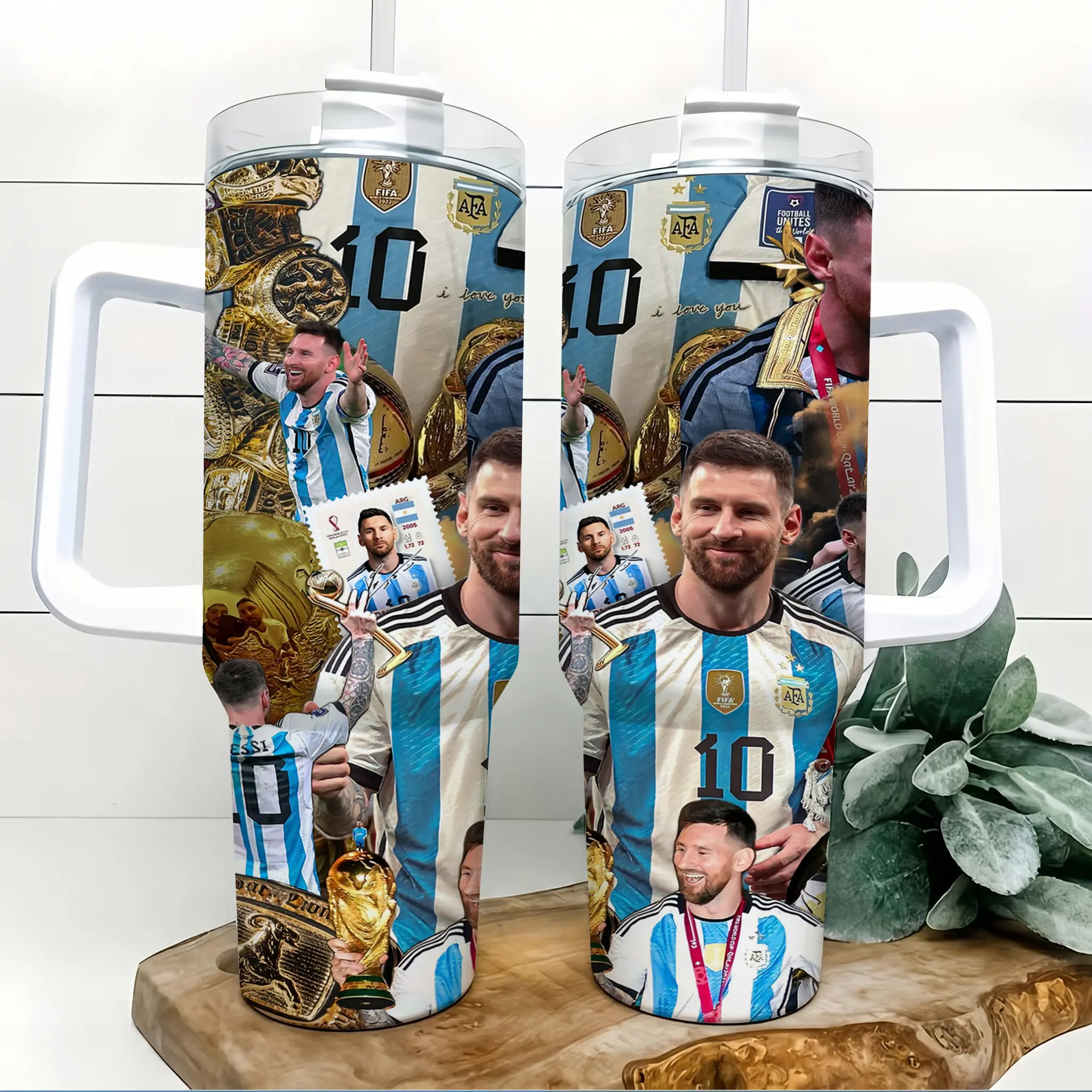 Blue White No.10 Soccer Champion 40oz Insulated Tumbler with Handle and Straw, Football Legend Collage Stainless Steel Travel Mug, Sports Water Bottle for Gym Car Office Daily Hydration, Coffee Cup Gift for Men Fans