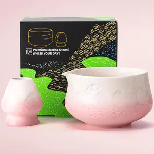 Matcha Bowl with Spout,18.9oz/560ml Matcha Bowl with Stand, 2-Pcs Whisk Holder(chawan) and Fuji Design Ceramic Bowl,  for Matcha Lovers