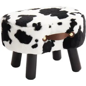 Small Footstool with Handle, Faux  Ottoman Foot Rest with Padded Seat, Curved Foot Stool with Wooden , Portable Foot Rest for Living Room, Bedroom, Entryway, Cow