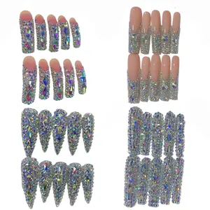 NAILROSY Handmade Press-On Nails 10Pcs Long Curved Square Obreme French Bling Diamond Rhinestone Gift Box Inlcuded