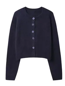 Women's Button Front Short Cropped Knit Cardigan, Round Neck Long Sleeve Ribbed Edging, Casual Fashion Outerwear for Fall & Winter