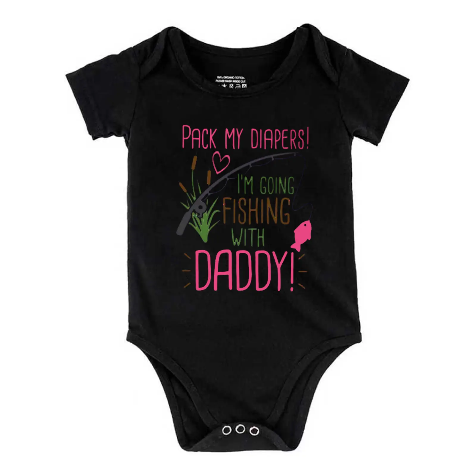 Unisex Baby Cotton Bodysuit, 'Fishing With Daddy' Letter Print Short Sleeve Outfit with Snap Closure, Loose Crotch & Moveable Shoulders