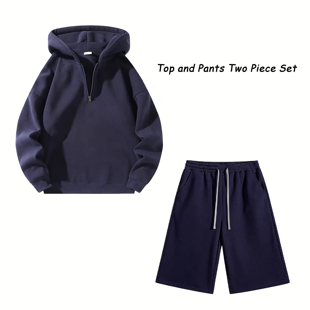 Men’s two-piece matching sports set: half-zip hooded sweatshirt + drawstring quarter-length sweatpants. Solid color, soft fleece, loose casual athletic outfit suitable for everyday wear, workouts, and leisure; ideal for summer and autumn.