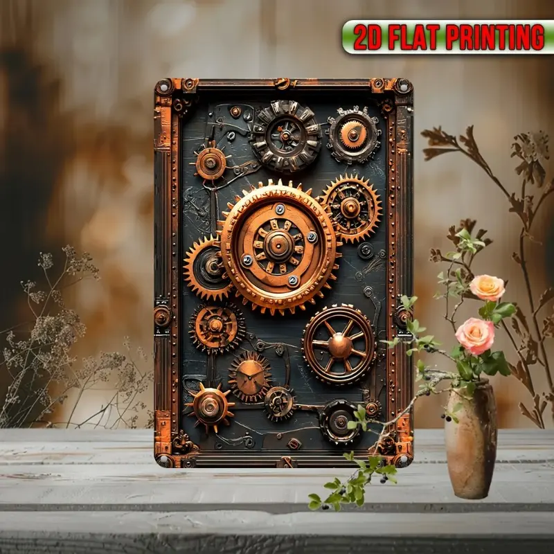 Steampunk Gears Design Metal Wall Art Painting - 8x12in Aluminum Tinplate Plaque, Resistant Printed Vintage Industrial Home Decor Ornament
