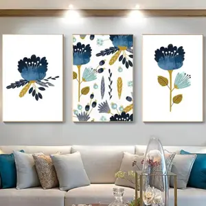 3pcs Frameless Abstract Spring Floral Canvas Art, Modern Abstract Design, Blue Leaf Wall Decor, Nordic Style Printed Poster, Home Living Room Decoration