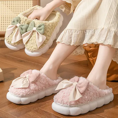 FEITAI Women's Soft Girly Feminine Bow Detail Plush Thick-Sole Round-Toe Slippers - Blush Pink Shoes for Women, Holiday-Ready, All-Seasons Footwear for Home Use