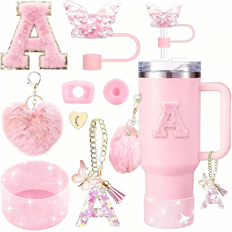 Stainless Steel Vacuum Insulated Glass Cup with Handle and Straw for Children's Gift Set,Sparkling Insulated Cup Accessories Set for 40oz, for Insulated Tumblers , Gift-Ready Box with Letter Charm, Diamond Straw Lid & Glitter Silicone Booties hand  painte