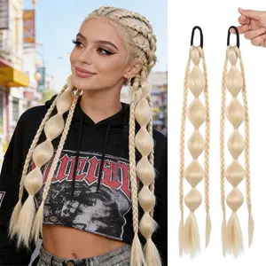 2PC Synthetic Long Twist Braid Bubble Ponytail Extensions With Rubber Band 18 Inch Braided Hair Extensions For Women Daily Use