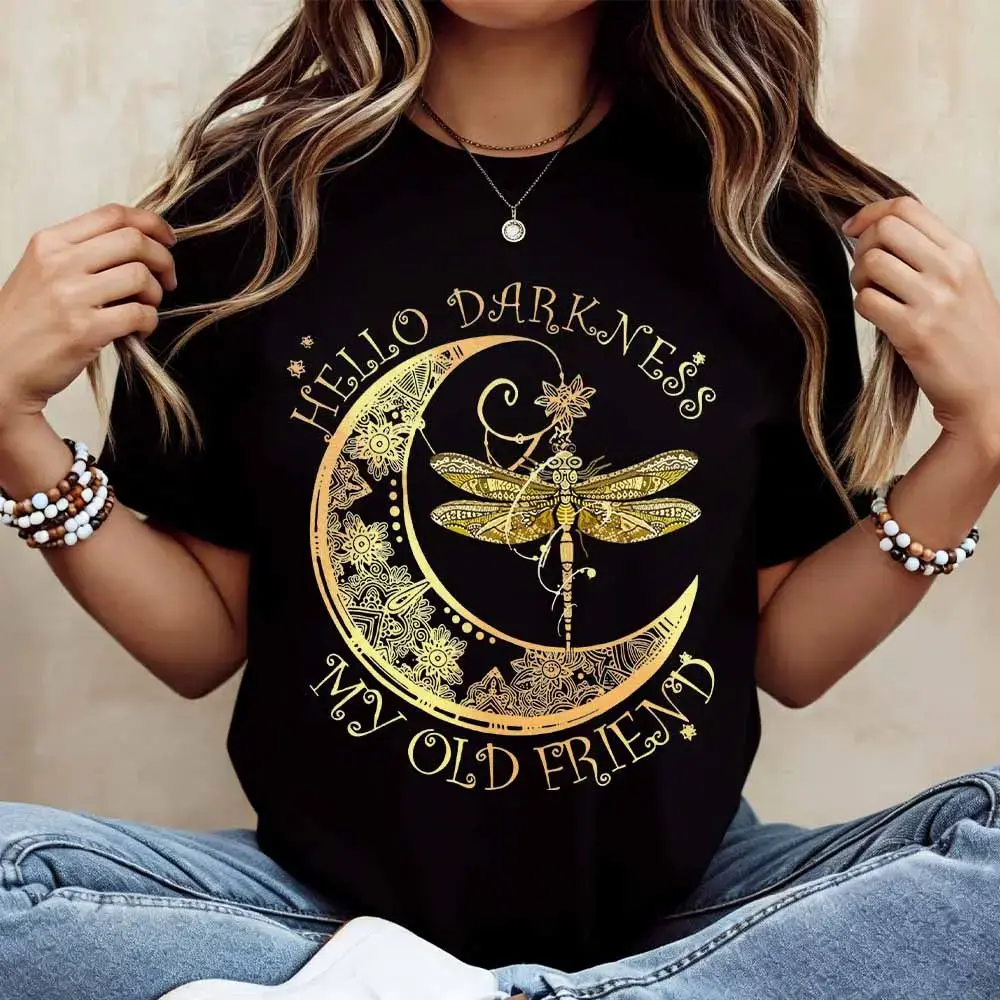 Hello Darkness My Old Friend Moon And Dragonfly Print T Shirt  Casual Short Sleeve Top For Everyday Wear And Leisure Activities