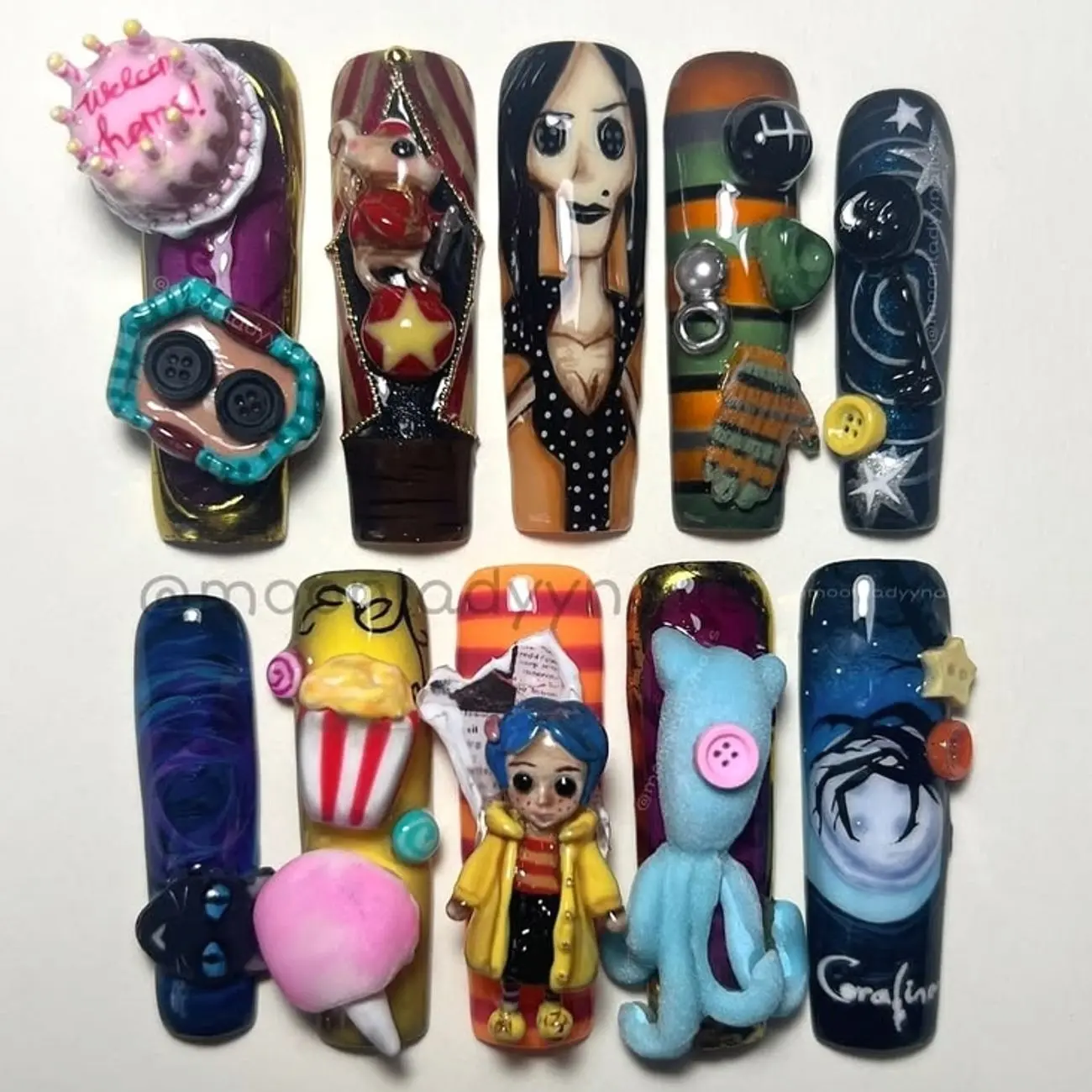 Handmade AsCoralineth Inspired Press-On Nails, 3D Sculpted Character Nail Set with Button Eyes, Seeing Stone & Other Mother Charms, Gothic Fantasy False Nails, Movie Inspired Nail Art FREE Adhesive Tabs  Nail File Cuticle Stick