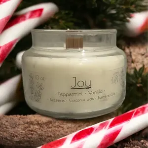 Joy 10 oz. Coconut Wax, Beeswax, Peppermint and Vanilla Essential Oils Wooden Wick Candle