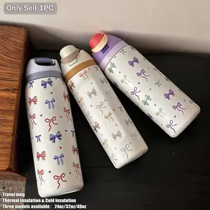 Multicolor Bowknot Stainless Steel Insulated Cup, 24/32/40oz, Includes Straw, Cold Retention, Water Bottle, Travel Mug, Gift, Flasks