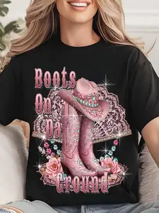 Men's and Women's Western Cowboy Boots and Cowboy Hat Pattern T-Shirt- Pink Cowboy Boots with Rhinestones and Cowboy Hat Design, Short Sleeve Round Neck Casual Comfortable Spring Summer Shirt, Suitable for Halloween, Thanksgiving