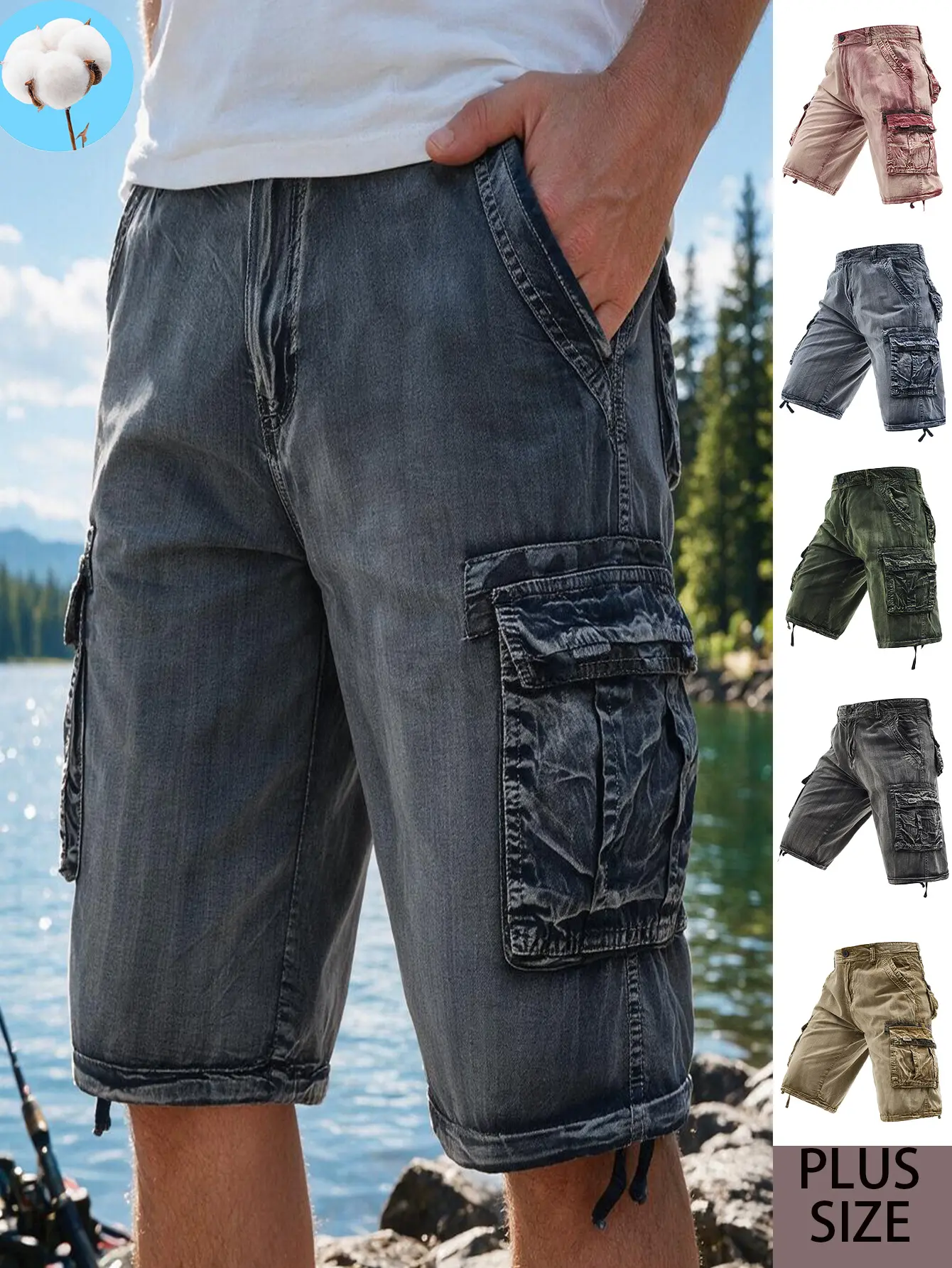 Men Plus Size Vintage Washed Cotton Cargo Shorts, Knee-Length Multi Flap Pocket Casual Capri Shorts, Drawstring Hem Wear Resistant Breathable Outdoor Fishing Streetwear Shorts, 5 Retro Washed Color Options