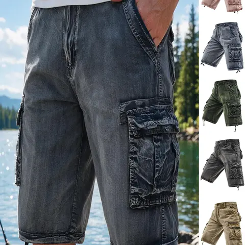 Men Plus Size Vintage Washed Cotton Cargo Shorts, Knee-Length Multi Flap Pocket Casual Capri Shorts, Drawstring Hem Wear Resistant Breathable Outdoor Fishing Streetwear Shorts, 5 Retro Washed Color Options