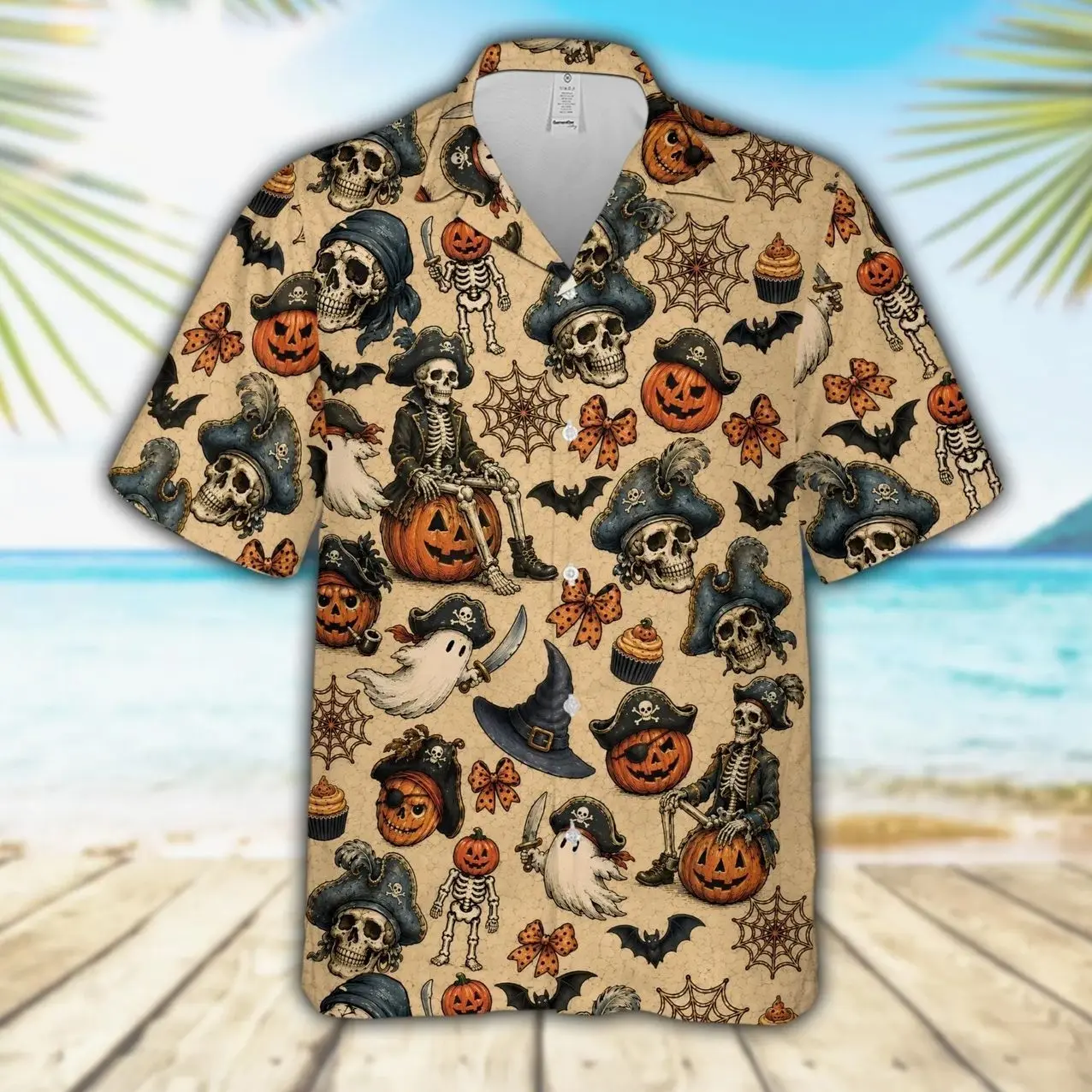 Halloween Skull Hawaiian Shirt, Spooky Pirate Skeleton Aloha Shirt with Ghost Pumpkin Bat Spider Web Pattern for Trick or Treat Party Gift