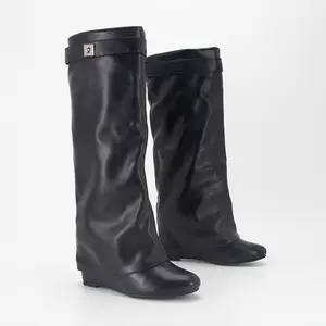 Women's New The Knee Boots Round Toe Wedges High Heels Slip-On Shark Lock Decor Vintage Streets Style Designer