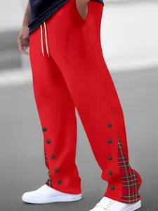 Men's Patchwork Plaid Outdoor Casual Sports Pants, Elastic Waist Drawstring Long Trousers, Essential Men's Wardrobe Essentials, Plaid Patchwork Sweatpants