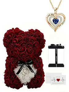 Valentine's Day Gift for Girlfriend, Blue Gemstone Heart Necklace, Handmade Eternal Flower Rose Bear Box Set, Mother's Day, Christmas Gift, Heart Shaped Pendant