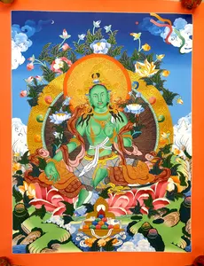 Enlightening Green Tara Thangka Painting - Nepalese Handcrafted Art with Gold Detailing & Stone Colors, Spiritual Art for Home and Office