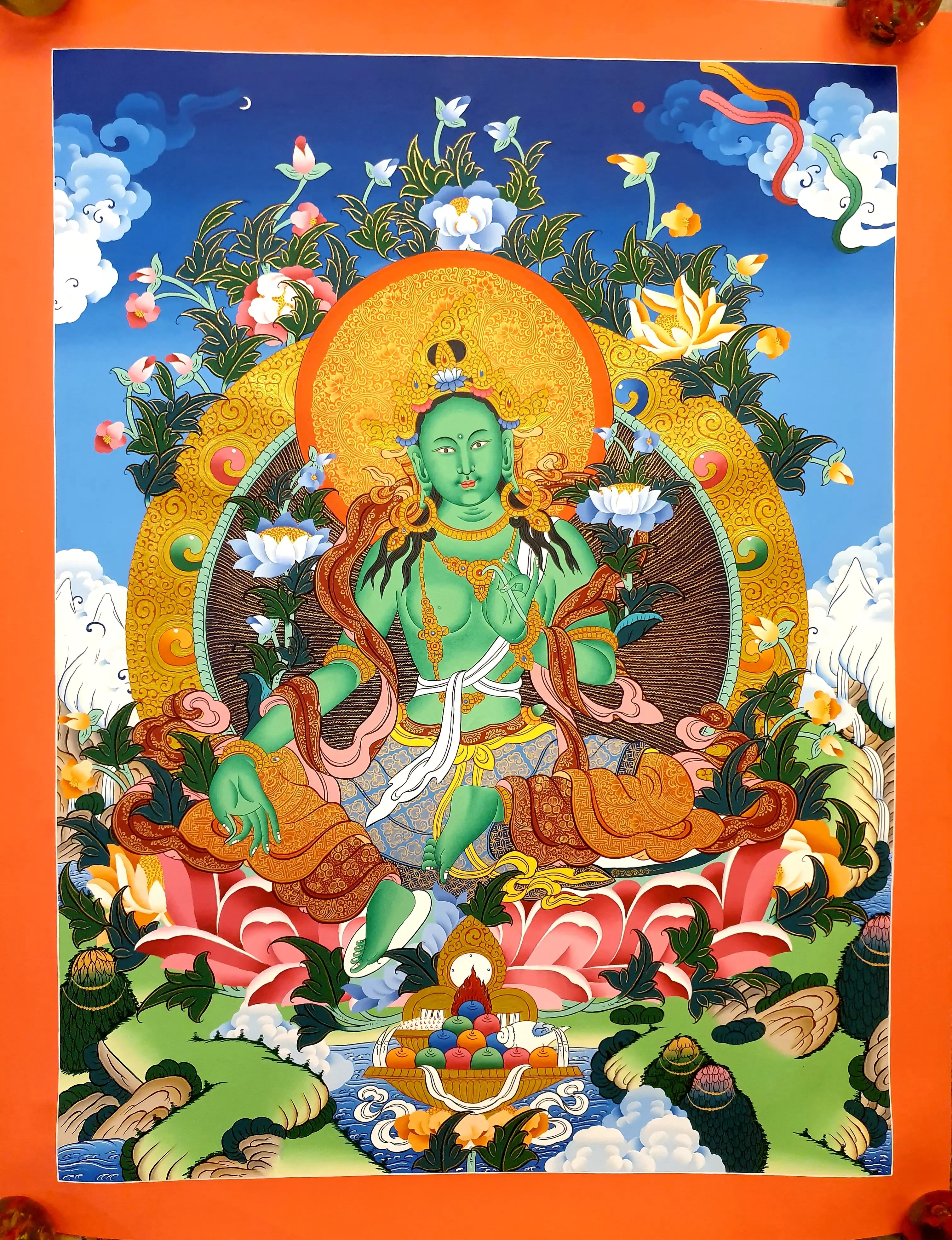 Enlightening Green Tara Thangka Painting - Nepalese Handcrafted Art with Gold Detailing & Stone Colors, Spiritual Art for Home and Office