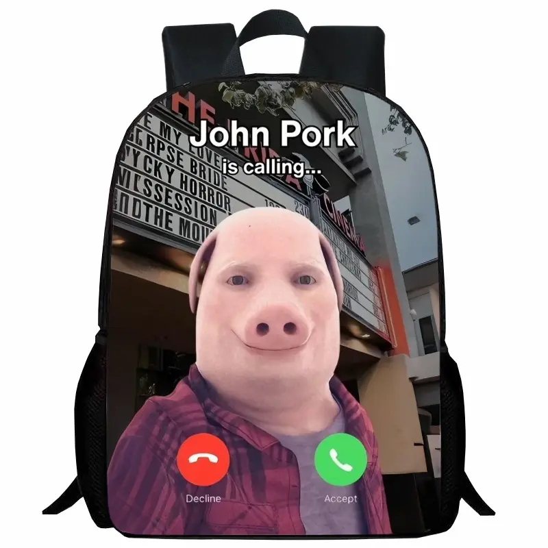 John Pork Funny Pig Head Backpack - Viral Meme Cartoon, Large-Capacity Waterproof Oxford, Casual Rucksack for Boys Men's Fashion Luggage Bag