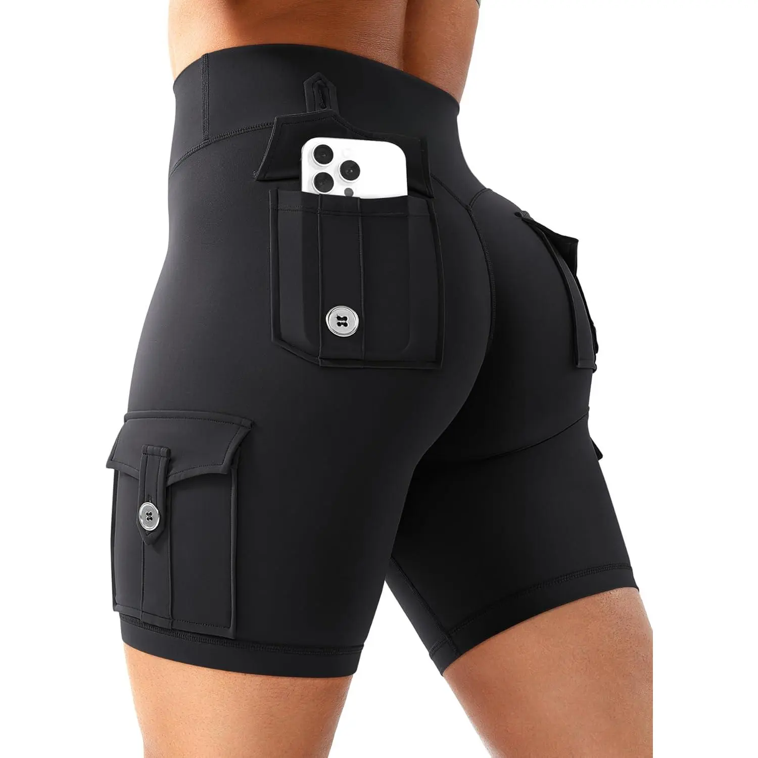Women Workout Biker Shorts with Cargo Pockets Hidden Scrunch High Waisted 8" Inseam Gym Shorts