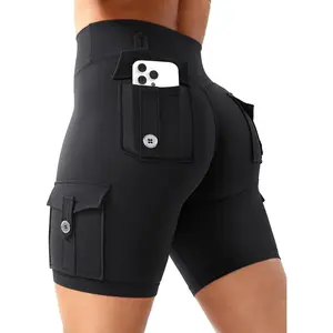 Women Workout Biker Shorts with Cargo Pockets Hidden Scrunch High Waisted 8" Inseam Gym Shorts