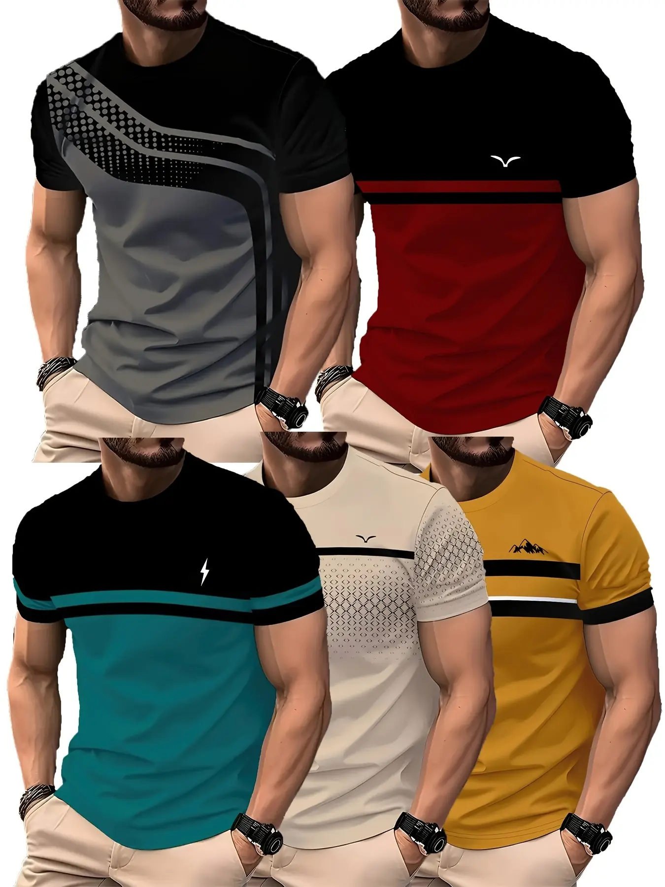 Set of 5, Striped Print Men'S Stylish Casual Streetwear Short-Sleeve T-Shirts, Gradient Color Summer Round-Neck Quick-Dry Breathable Short-Sleeve T-Shirts
