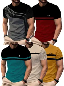Set of 5, Striped Print Men'S Stylish Casual Short-Sleeve T-Shirts, Gradient Color Summer Round-Neck Quick-Dry Breathable Short-Sleeve T-Shirts