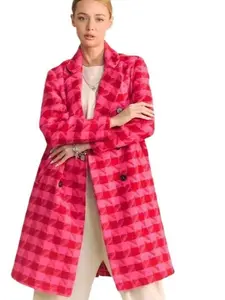 Dani Textured Knit Pink Tweed Double Breasted Coat Jacket Plaid Outerwear Womenswear