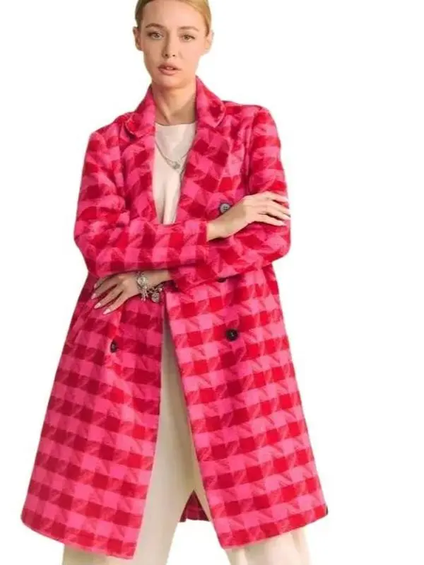 Dani Textured Knit Pink Tweed Double Breasted Coat Jacket Plaid Outerwear Womenswear