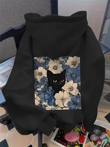 Women's Floral Cat Letter Print Hoodie, Casual Loose-Fit Pocket Sweatshirt, Soft Kint Fabric for All Seasons