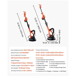 VEVOR Cordless Drywall Sander, 450W Electric Sander, Popcorn Ceiling Removal Tool with Vacuum Dust Collection, 7 Variable Speed 0-1600 RPM, LED Light, Foldable Extendable Handle, 15 Sanding Discs