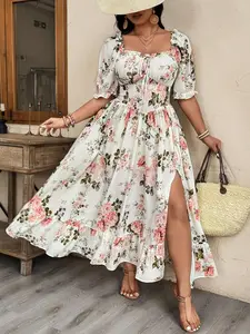 Plus Size Floral Print Dress, Square Neck Bubble Sleeve Waist Cinch Split Midi Dress, French Style Summer, Casual Daily Wear, Feminine