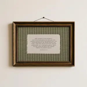 Be Anxious For Nothing Philippians 4 6 Poster Wall Art Unframed Green Gingham Bible Verse Home Decor