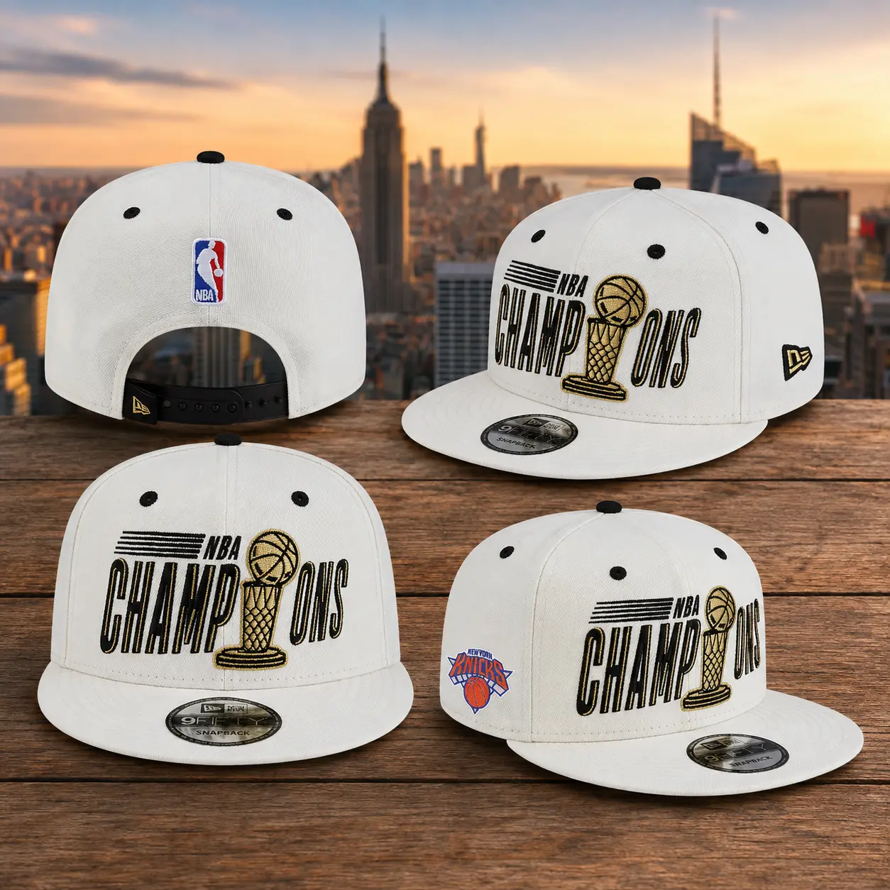 New York Knicks NBA Champions White 9FIFTY Snapback Hat – Gold Trophy Embroidered Flat Brim Basketball Cap