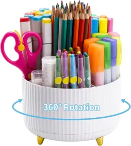 Desk Organizer, 360-Degree Rotating Pen Holder, Desk Organizers and Accessories with 5 Compartments Pencil Holder, Art Supply Storage Box Caddy for Office, Home（White）