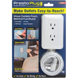 Presto Plug Outlet Extender for Relocating Unreachable Power Outlets, 4ft Cord, Sticks Easily on Wall, Provides Surge Protection, 2 AC Outlets, 2 USB Ports & Built-in Shelf