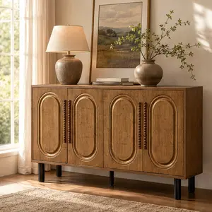 ARCH 59.84" Gold-Toned 4-Door Sideboard Buffet Cabinet with Arched Doors, Solid Wood & MDF Storage Console Table for Dining Room, Living Room, Entryway, Antique Gold Finish, Black Metal Legs, Retro Luxury Style, Antique Gold Color Options