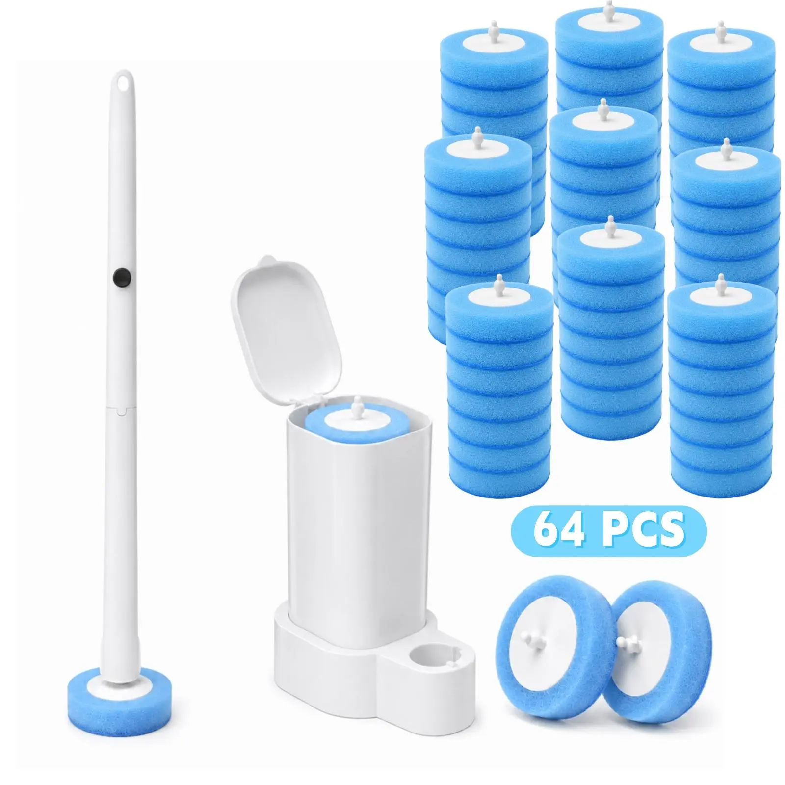 Disposable Toilet Brush and Holder Set, Toilet Bowl Cleaning Wand with 64 Refills, Wall-Mounted Toilet Scrubber for Bathroom Cleaning