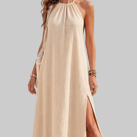 ZEAGOO Women's Basic Solid Halter Neck Backless Sleeveless Maxi Dress - Spring Summer, High Slit Hem, Beach-to-Evening Boho Chic Silhouette - for Beach, Party
