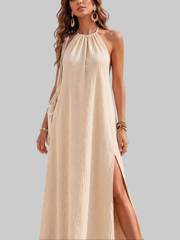 ZEAGOO Women's Basic Solid Halter Neck Backless Maxi Dress - Spring Summer Sleeveless, High Slit Hem, Beach-to-Evening Boho Chic Silhouette - for Beach, Party