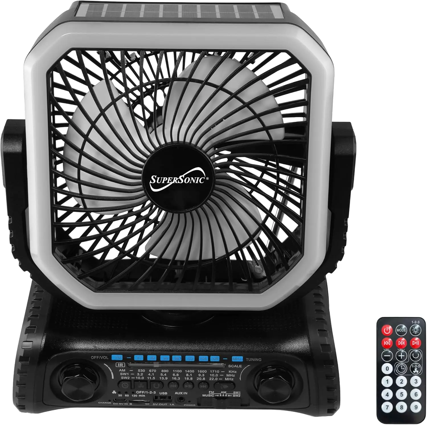 Supersonic SC-1176ERF Portable 6-in Solar Rechargeable Fan with Bluetooth Speaker, AM/FM/SW Radio, RGB LED Flashlight, 3000mAh Batteries, Remote Control, USB Port, 3.5mm Aux Input, 2.87 lbs for Outdoor Users, Nightlight, Collapsible