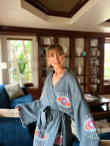Stone Printed Muslim Kimono, Organic Cotton Handmade Caftan Robe, Boho Natural Gauze Dressing Gown, Soft Home-wear,Cozy Long Bathrobe.