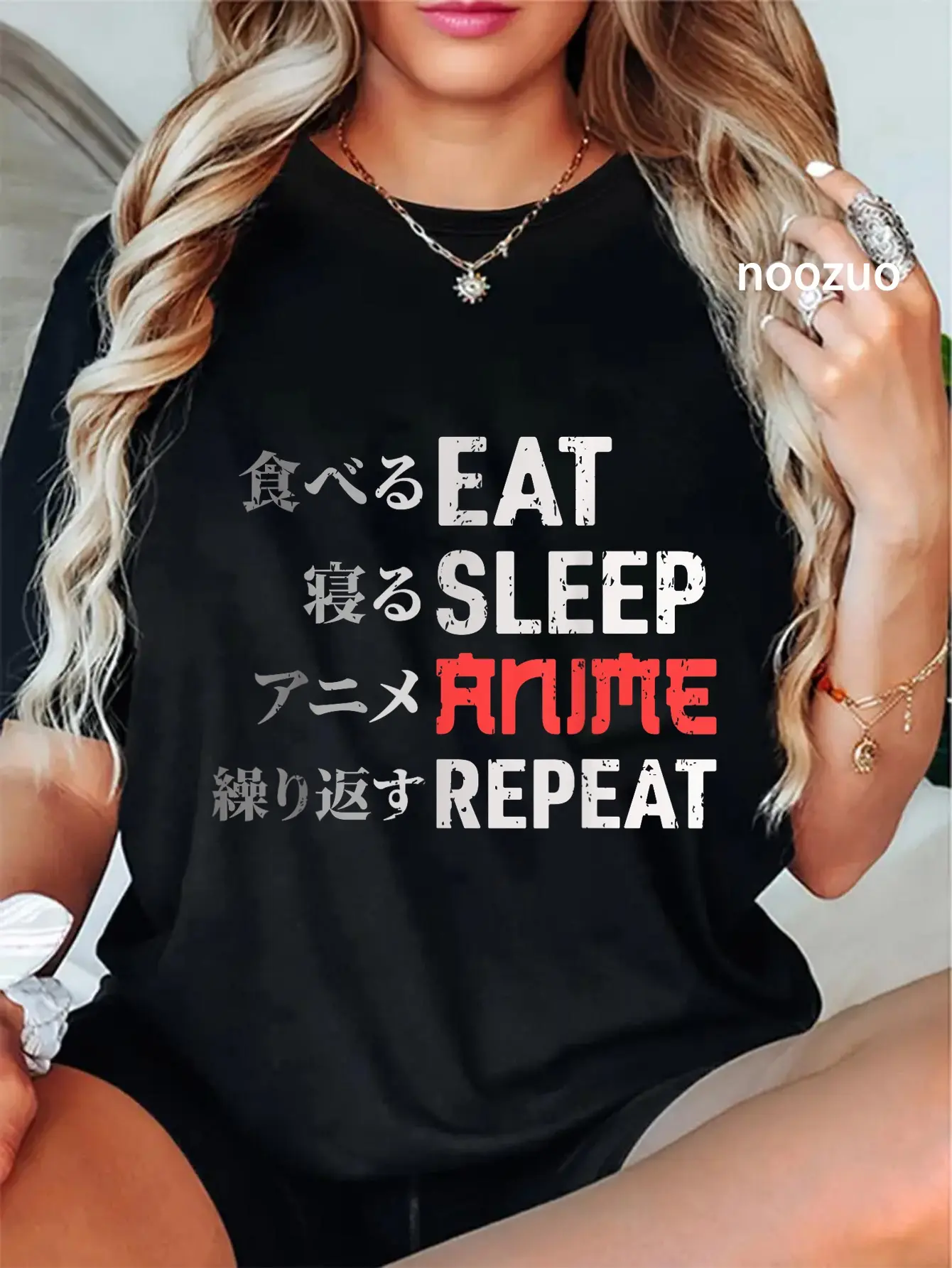 Women's Vintage 100% Cotton Round Neck Short-Sleeve Large Loose-Fitting Pull-On Graphic T-Shirt, Whimsical "Eat Sleep Anime Repeat" Otaku Design, Casual Streetwear Top, Machine Washable, Wide Range of Sizes, Casual Fit