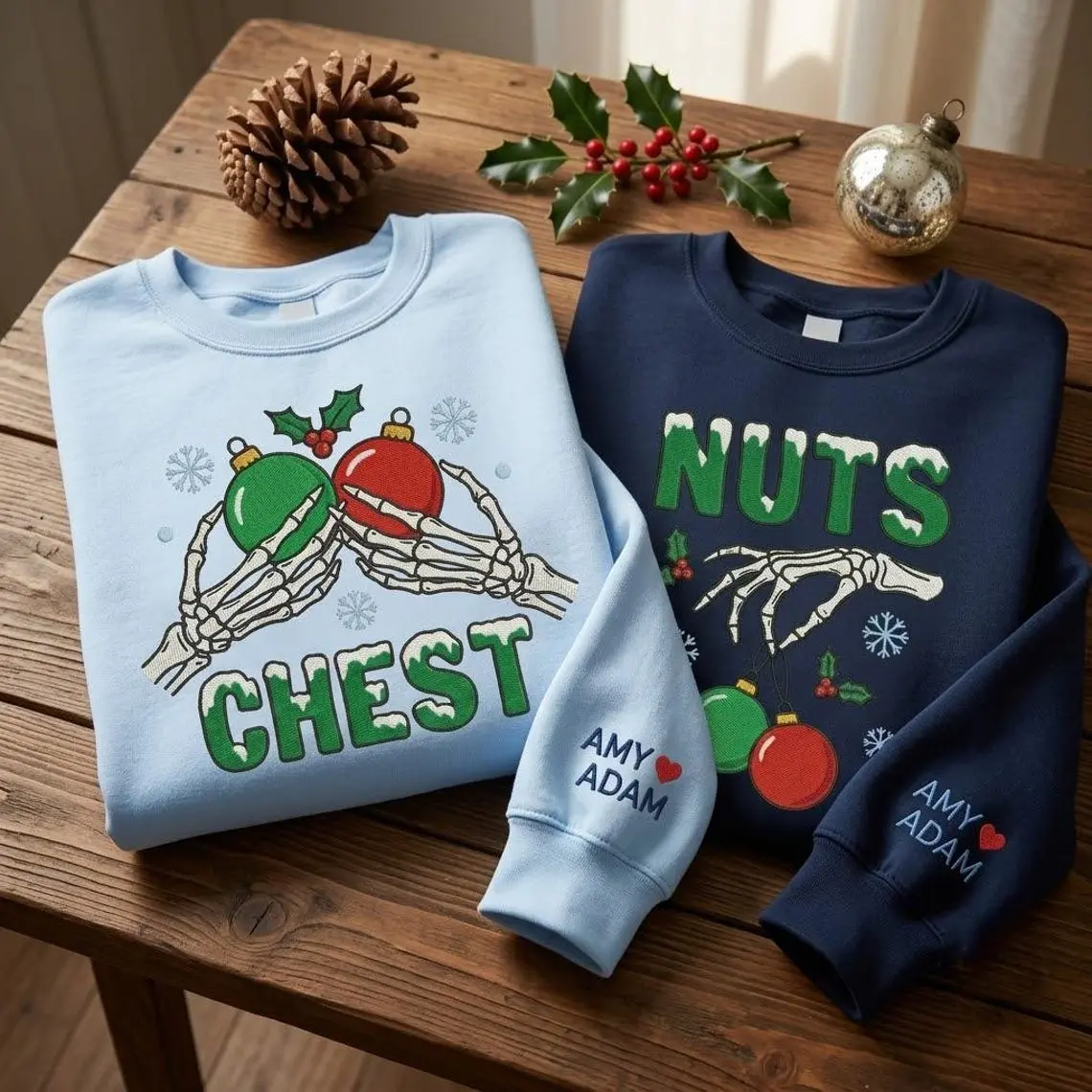 Chest Nuts Christmas Couple Sweatshirts, Funny Skeleton Embroidered Crewnecks, Matching Holiday Shirts, Couples Gift Idea for Adults