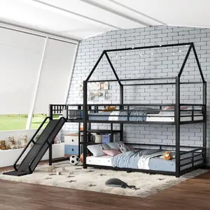 Bellemave  Metal House Bunk Bed with Storage Stairs, Slide, Safety Rails, Black