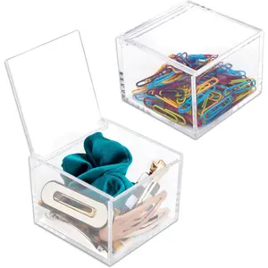 2 Pack Small Clear Acrylic Organizer with Lid for Paper Clips, Sticky Note, Qtip, Cotton Balls, Hair Ties, Acrylic Box for Home Office Bathroom Desk Organizer